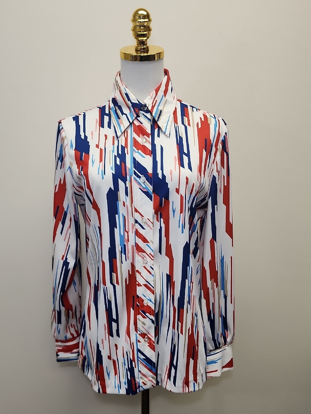 Abstract Stripe Button Front Blouse Red White Blue Long Sleeve Size Medium